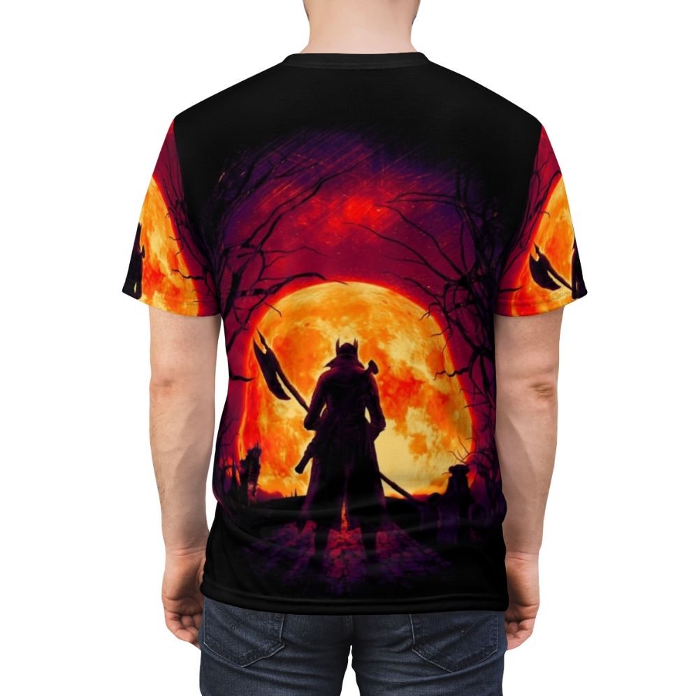 Eerie t-shirt design featuring a blood moon and night hunter from the Bloodborne video game - men back