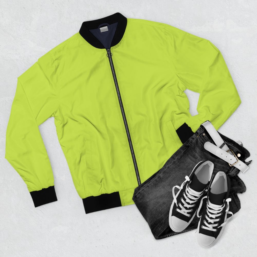 Chartreuse green solid color bomber jacket with porch pirates coordinate design - Flat lay