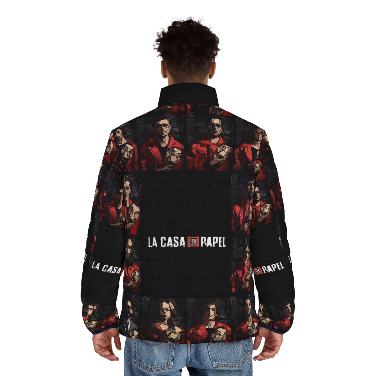 Money Heist Fanart Puffer Jacket with characters and quotes from the hit Netflix series - men back