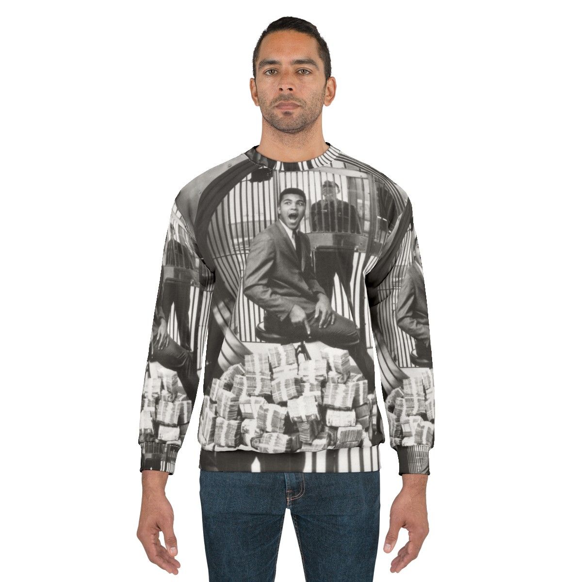 Muhammad Ali, the greatest boxer, wearing a commemorative sweatshirt - men