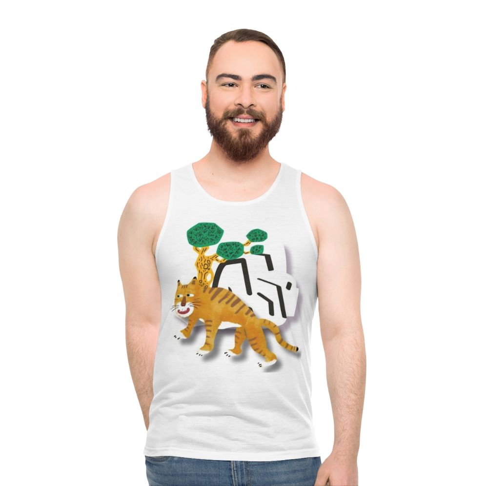 Retro tiger with comedic expression on unisex tank top - men