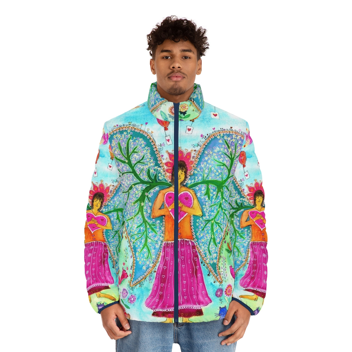 An angel-themed puffer jacket with a design featuring lungs, wings, and nature elements. - men front