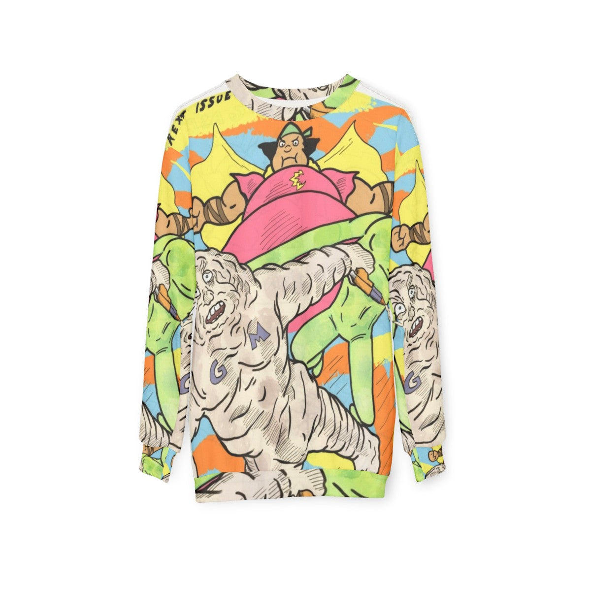 Cute Cloudman, Glueman, and Moon Alien superhero characters on a pastel sweatshirt - hanging