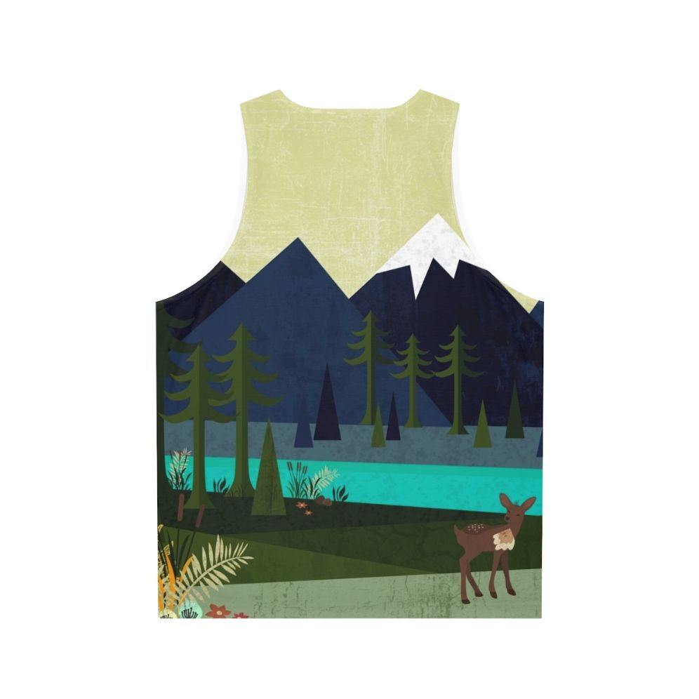 Unisex tank top with a nature-inspired forestscape design featuring deer and flowers - Back