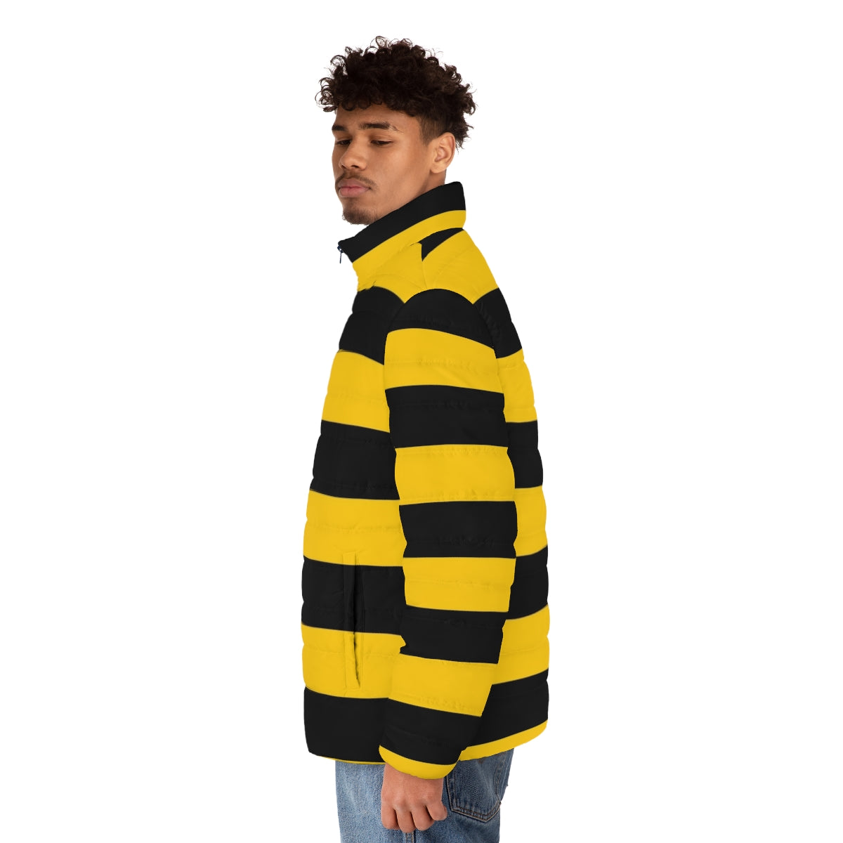 Bumblebee-inspired puffer jacket with yellow and black stripes - men side left