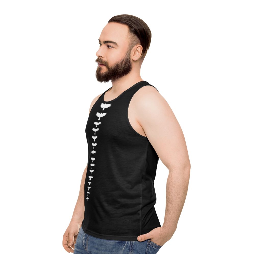 Unisex tank top featuring silhouettes of UK birds of prey - men side