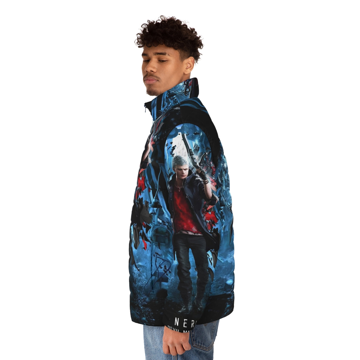 Nero Devil May Cry 5 Puffer Jacket featuring the protagonist of the game - men side left