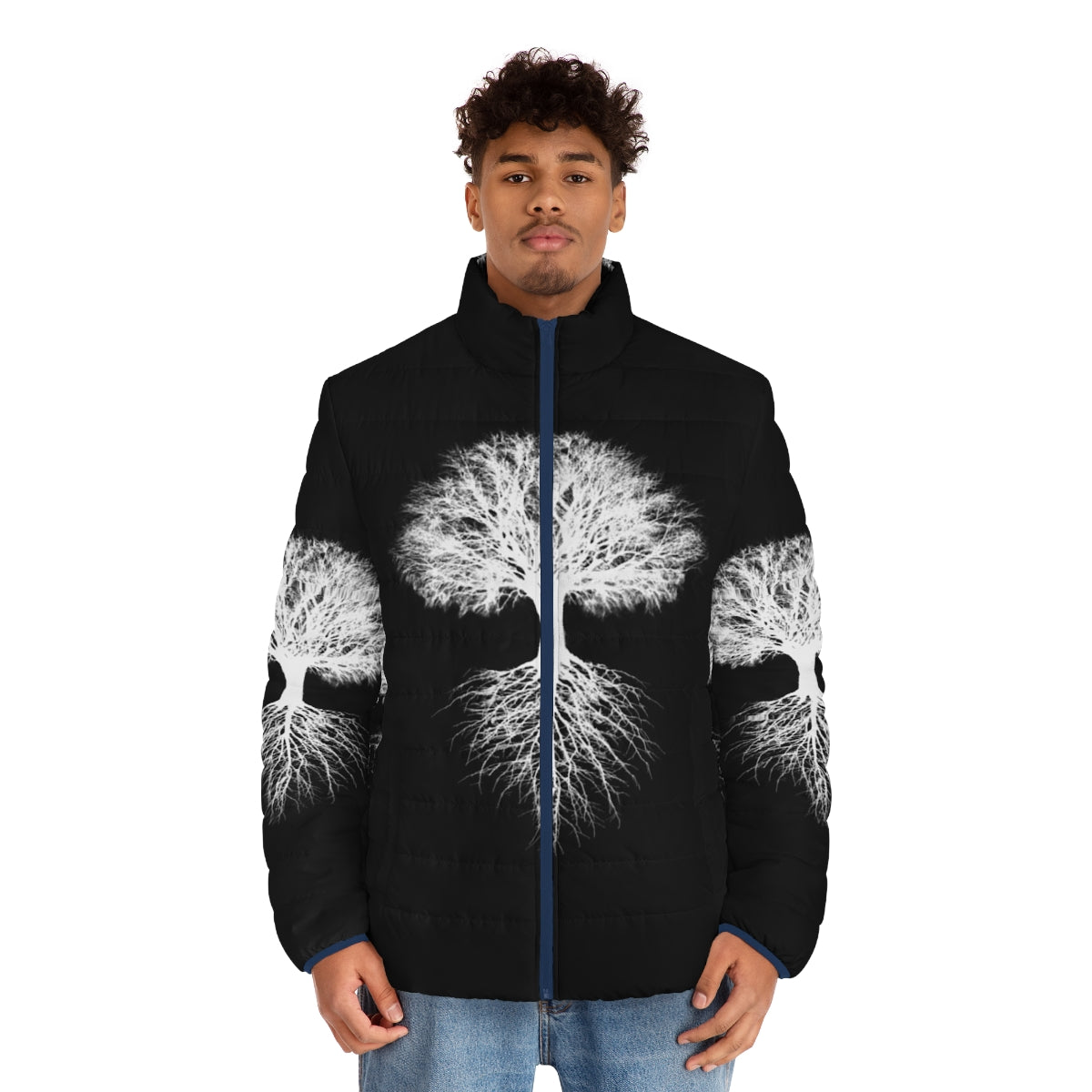 A person wearing a puffer jacket with a tree of life design, representing nature and environmental conservation. - men front