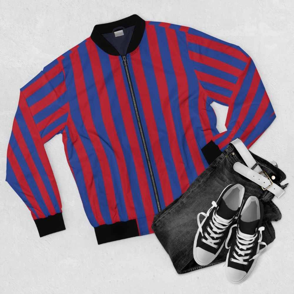 Red and Blue Striped Football Inspired Bomber Jacket - Flat lay