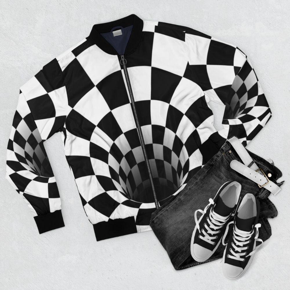 Black and white optical illusion checkerboard pattern on a bomber jacket - Flat lay