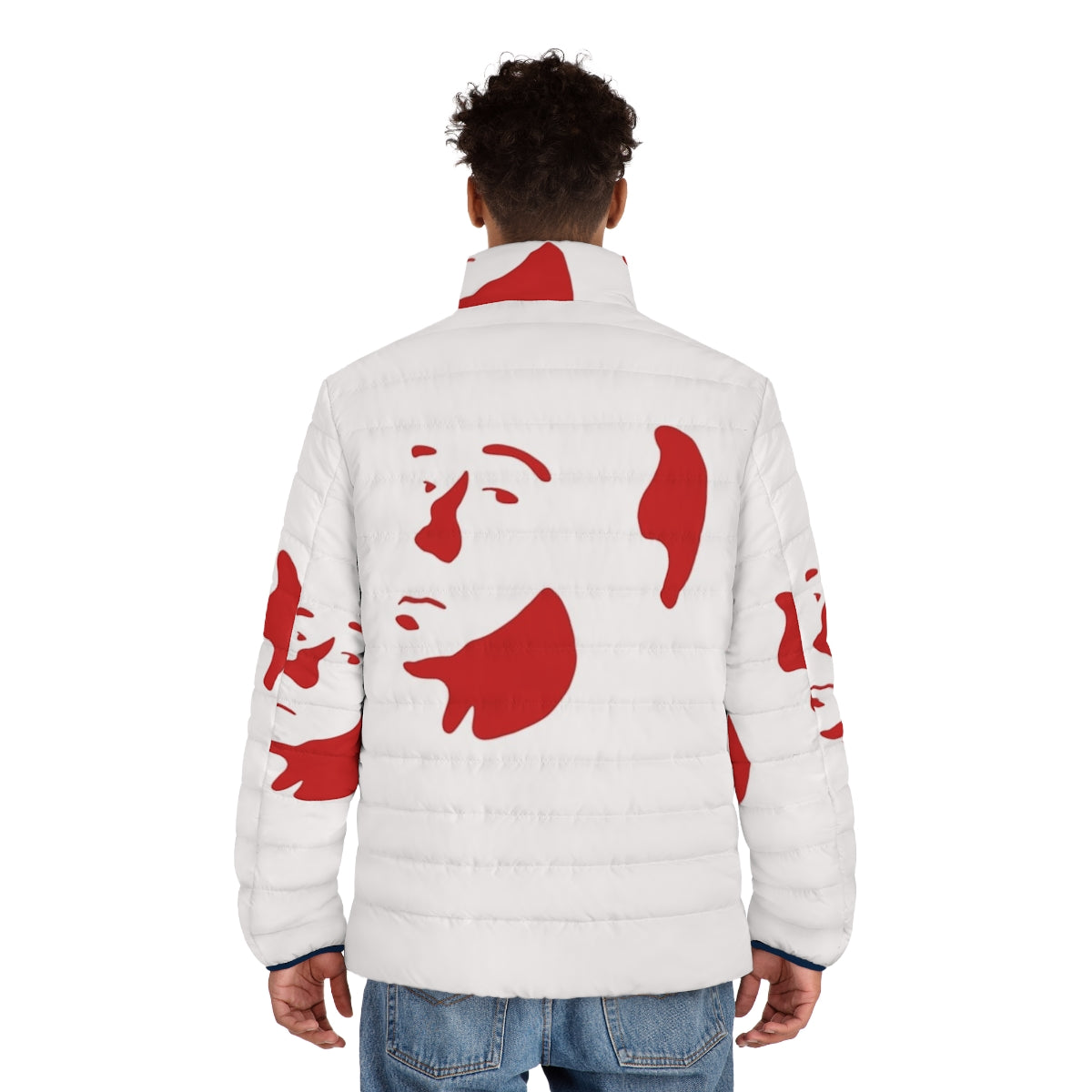 Alfred Hitchcock fan art puffer jacket featuring the famous filmmaker - men back