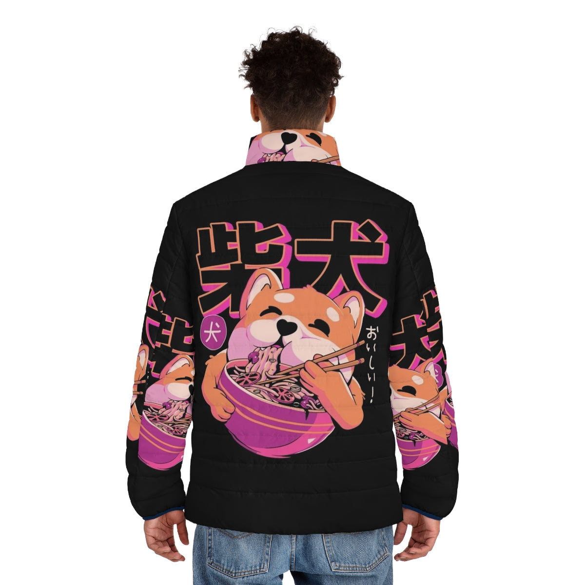 Shiba Noodles Puffer Jacket featuring a cute Shiba Inu dog and Japanese ramen noodles design - men back