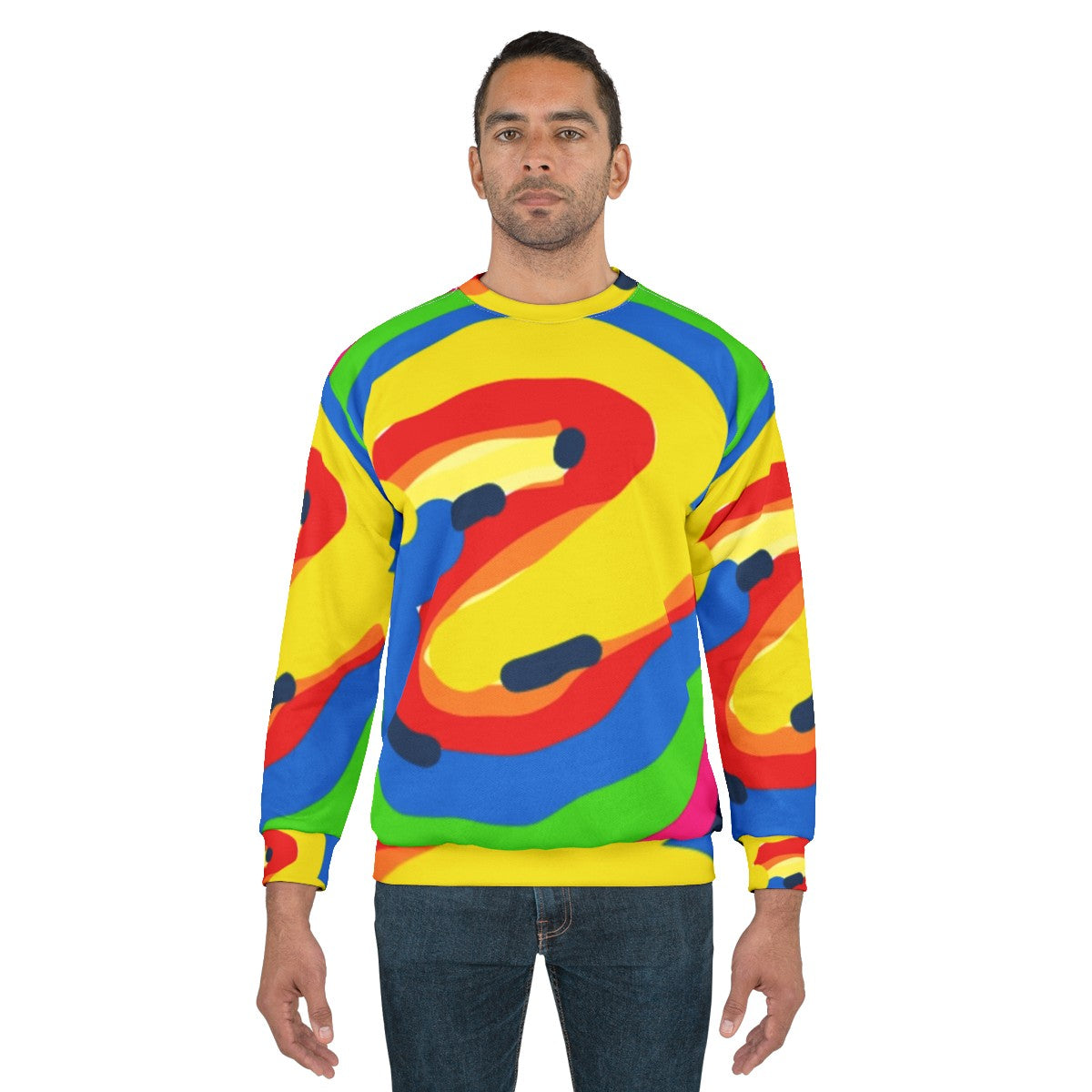 Colorful graphic sweatshirt with various patterns and designs - men