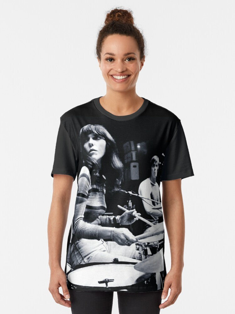 Graphic t-shirt design featuring an image of Karen Carpenter, the legendary singer and drummer of the Carpenters. - Women