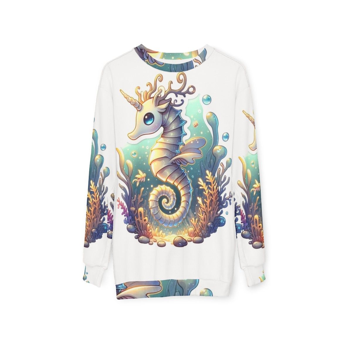 Legendary fantasy seahorse and deer graphic on a sweatshirt - hanging