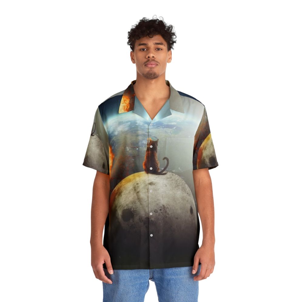 Celestial Cat Hawaiian Shirt with black cat, moon, and stars design - People Front