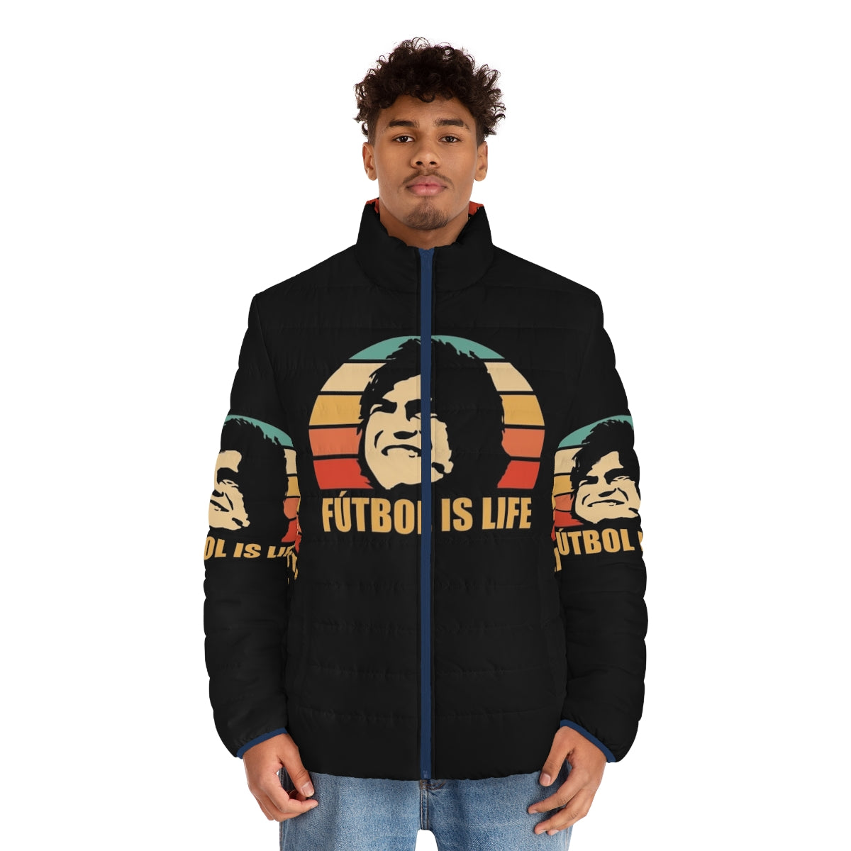 Futbol Is Life Puffer Jacket featuring a football/soccer inspired design - men front