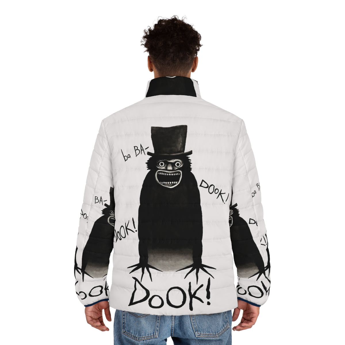 Babadook puffer jacket, horror-inspired puffer jacket with Babadook design - men back