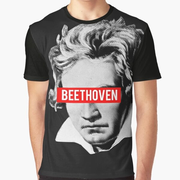 A graphic t-shirt featuring a halftone image of Beethoven, the famous classical music composer, surrounded by musical instruments like violin, viola, cello, and bass.