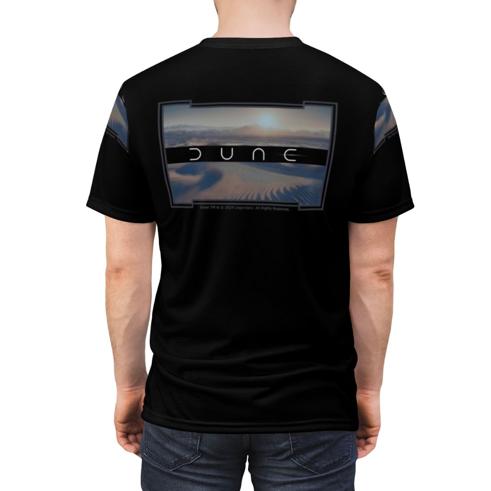 Dune-inspired t-shirt design featuring a desert landscape on a black background - men back