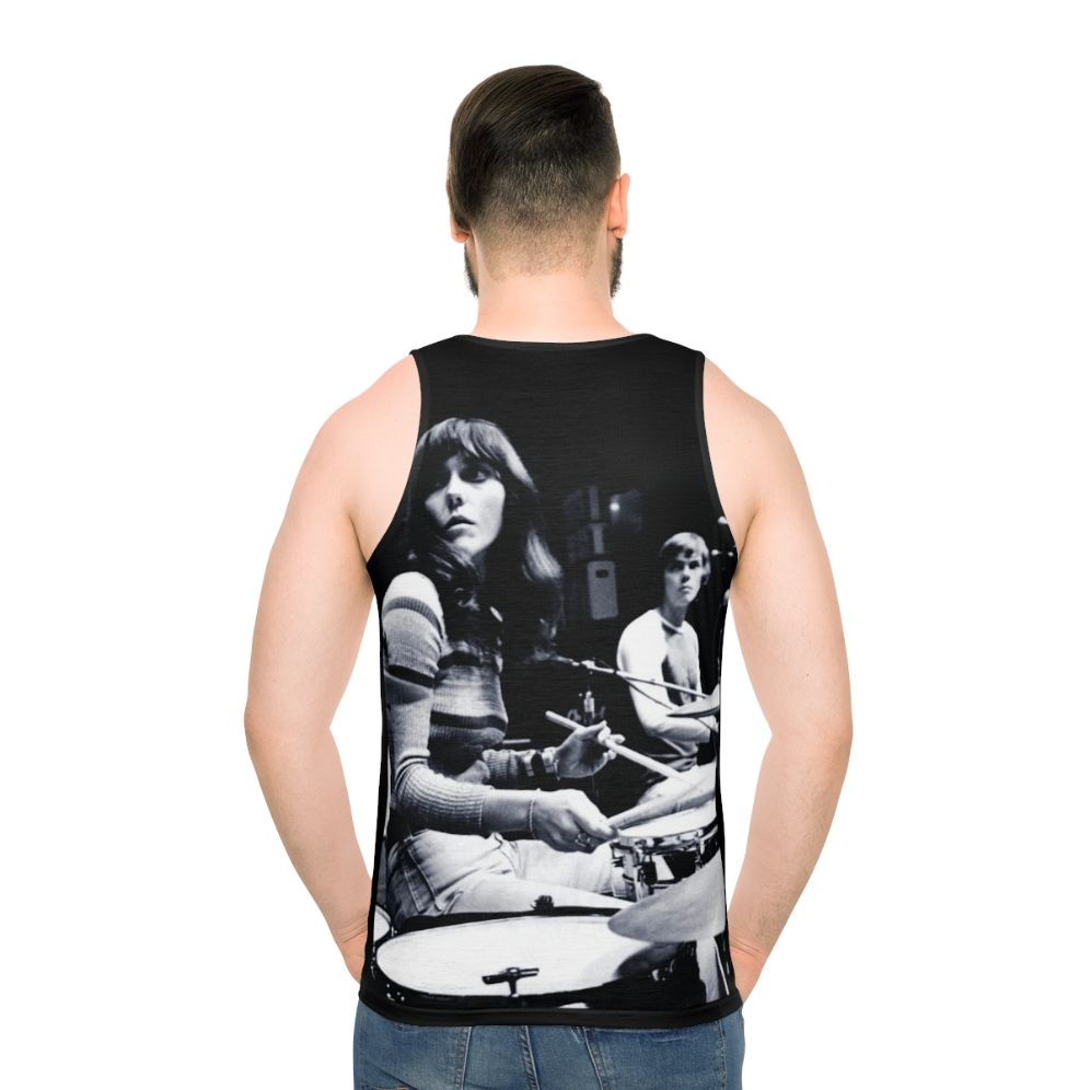 Unisex vintage 70s tank top featuring Karen Carpenter, legendary Carpenters drummer - men back