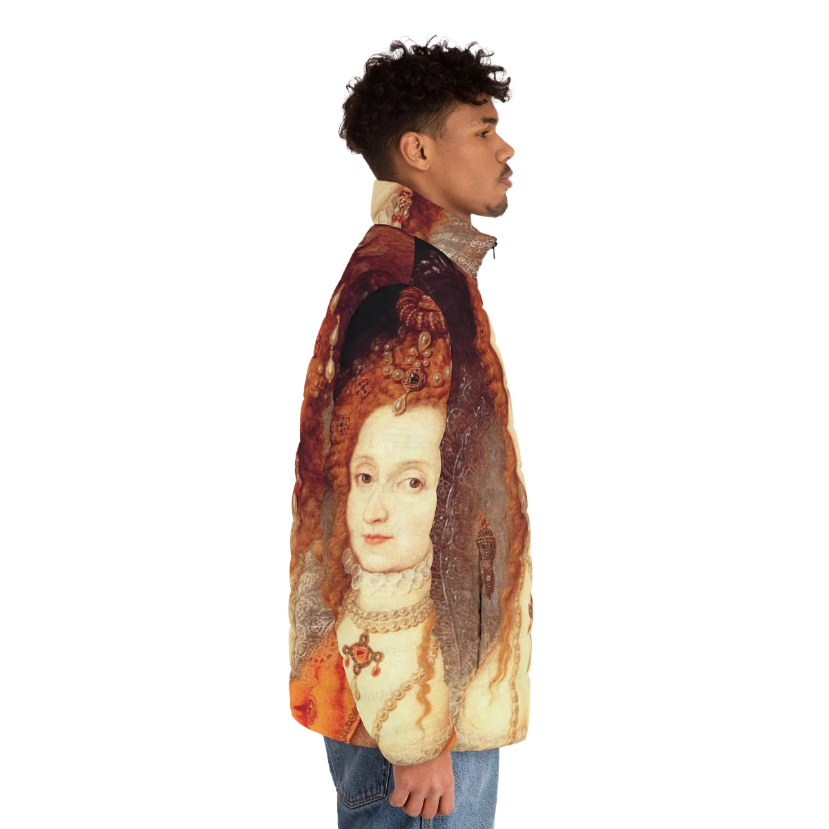 Elizabeth I portrait puffer jacket featuring a vibrant historical design - men side right