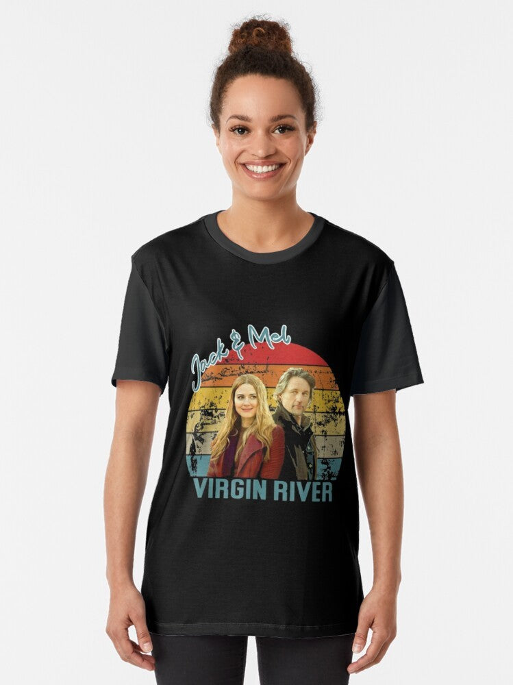 Graphic t-shirt with a sunset over the Virgin River, the home of Jack's Bar - Women