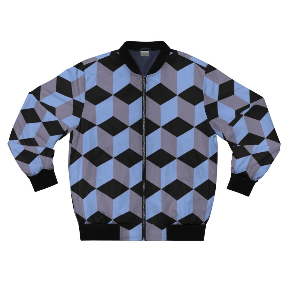 Bomber jacket with an isometric cube pattern in black, blue, and lilac colors, featuring a geometric art design with the illusion of depth.