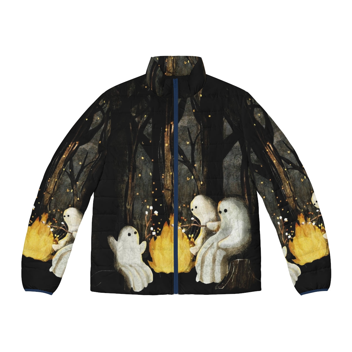 A cozy and whimsical puffer jacket featuring marshmallows and ghost stories for a spooky campfire experience