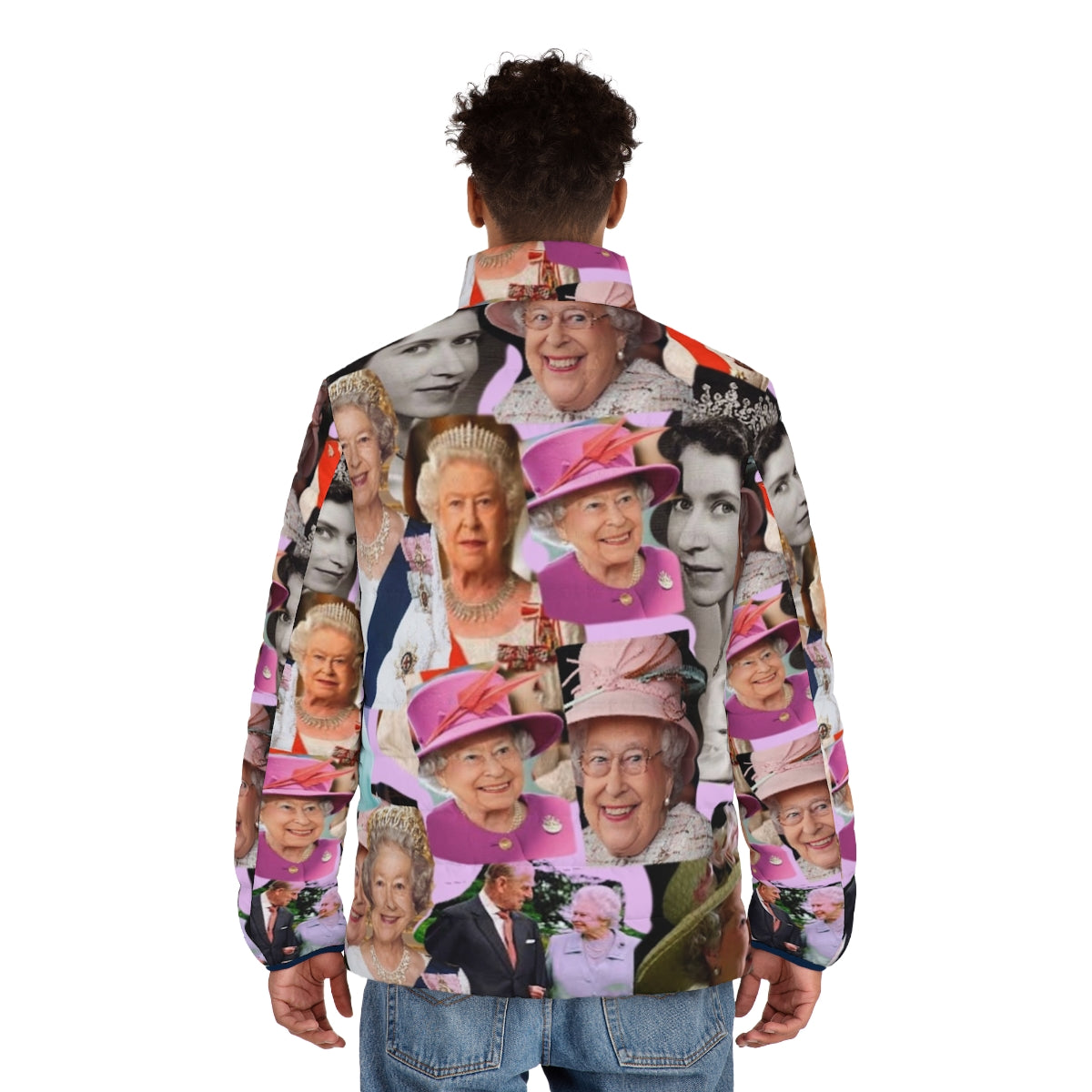 Queen Elizabeth II Pop Art Collage Puffer Jacket - men back