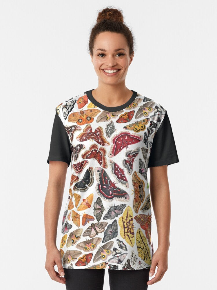 Graphic t-shirt featuring a pattern of saturniid moths, common insects found in North America - Women