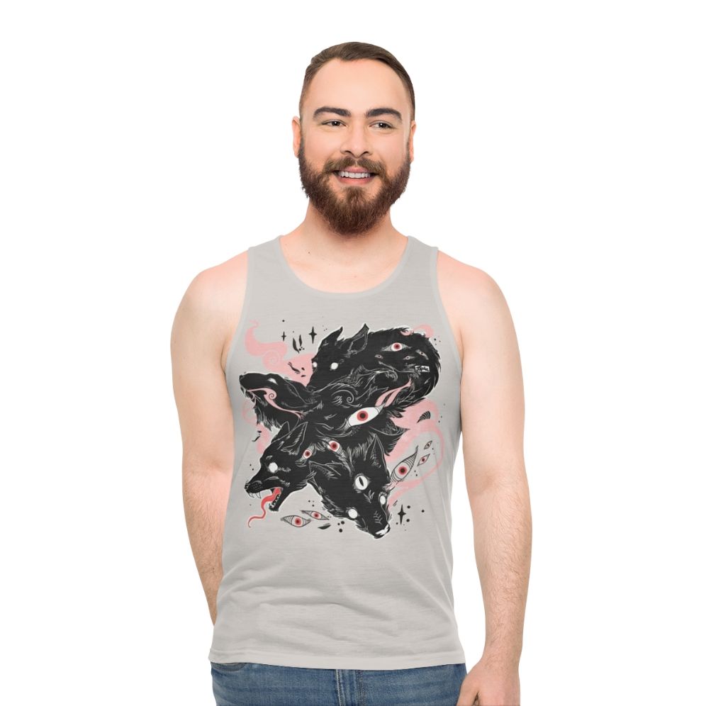 Unisex tank top featuring a design with wild wolves and many creepy eyes - men