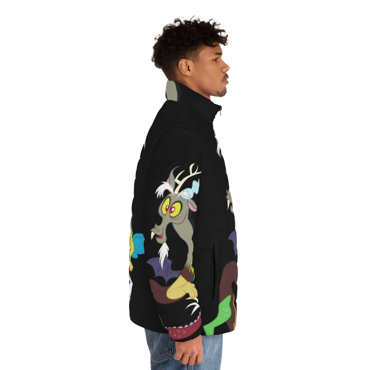 A cozy puffer jacket featuring the character Discord, the draconequus from My Little Pony. - men side right