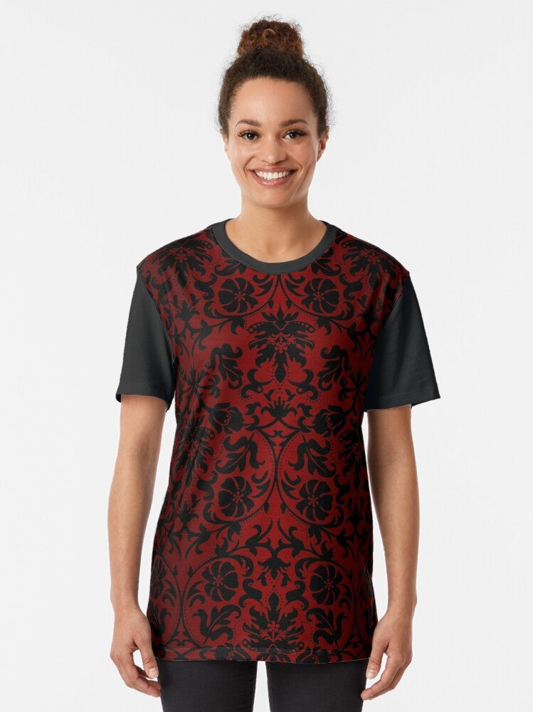 Dark red and black damask pattern graphic t-shirt - Women