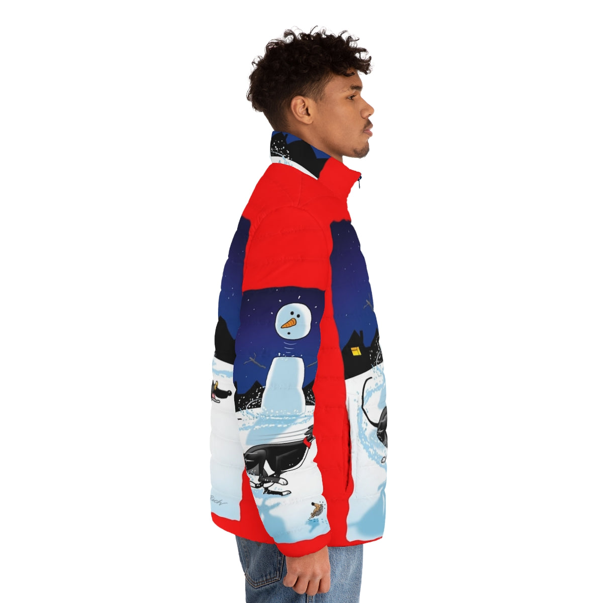 Snowman puffer jacket for dogs in assorted cartoon christmas styles - men side right