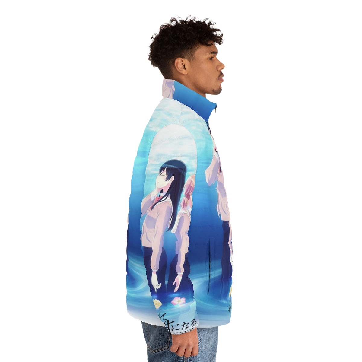 Bloom Into You Yagate Kimi Ni Naru inspired puffer jacket with anime character designs - men side right