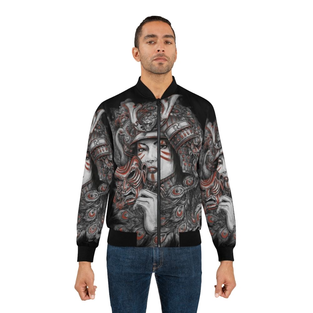 Samurai-inspired bomber jacket with colorful peacock and Japanese design elements - Lifestyle