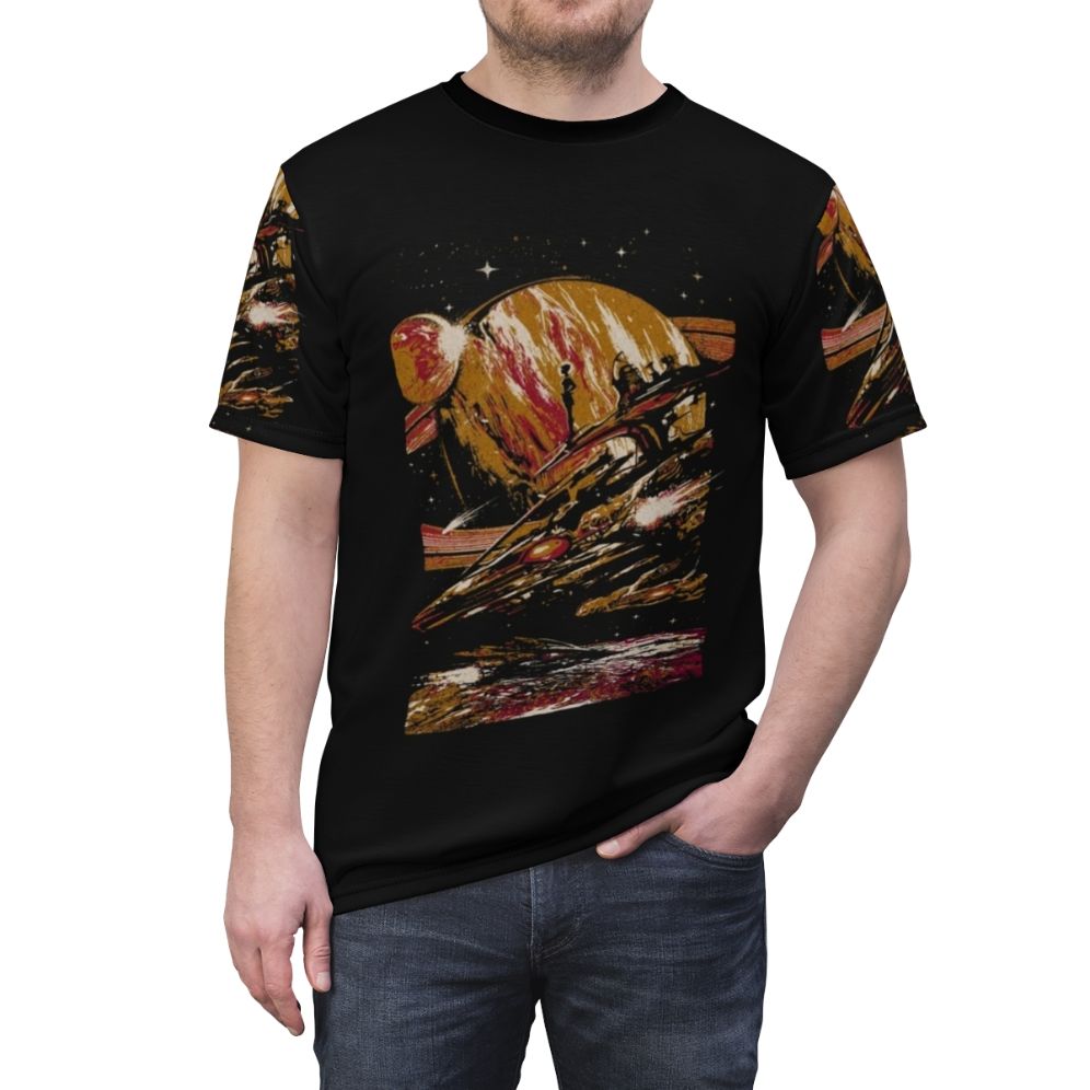 Futuristic sci-fi t-shirt featuring a space-themed design with planets, stars, and a flashlight. - men front