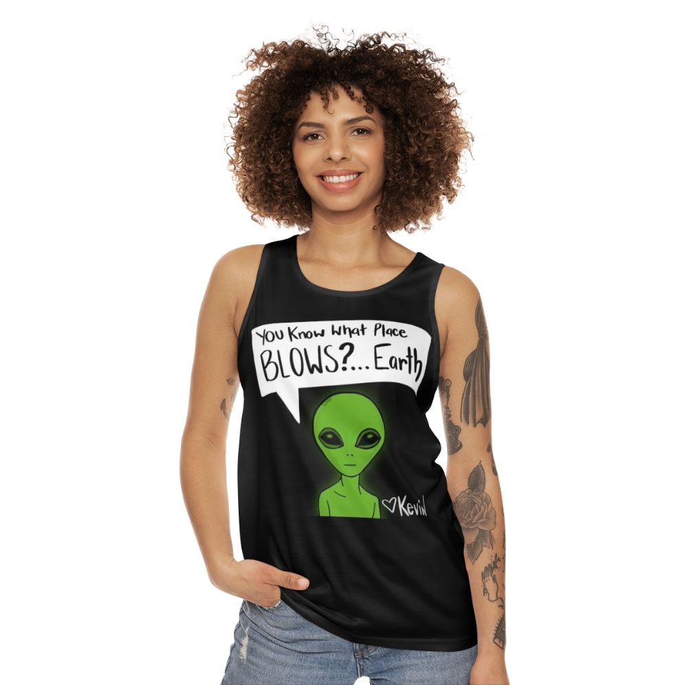 Unisex tank top with earth-themed design and pop culture references - women