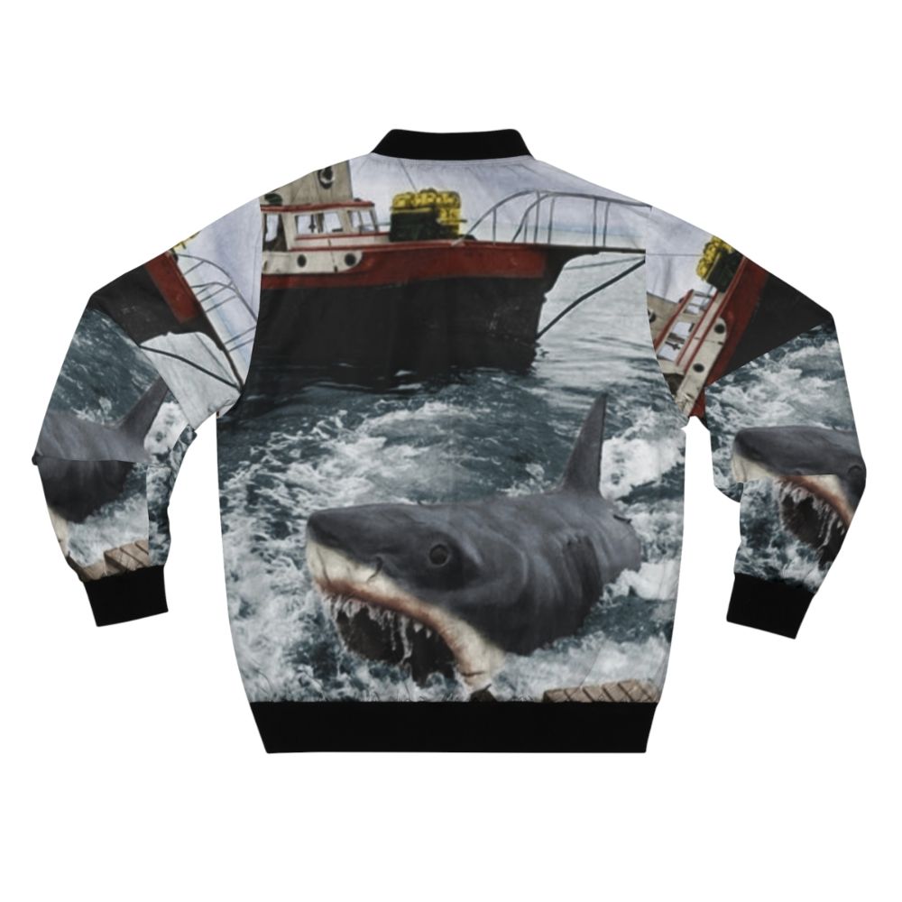 Jaws Shark Bomber Jacket, featuring a vintage, recolored photo of the iconic movie "Jaws" - Back