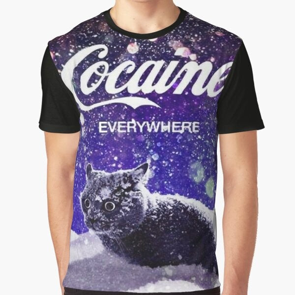 A graphic t-shirt design featuring a cat surrounded by snow and 'cocaine' written in a stylized text.