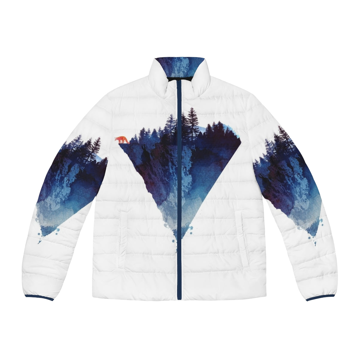 Watercolor-inspired puffer jacket featuring a fox design in a forest setting