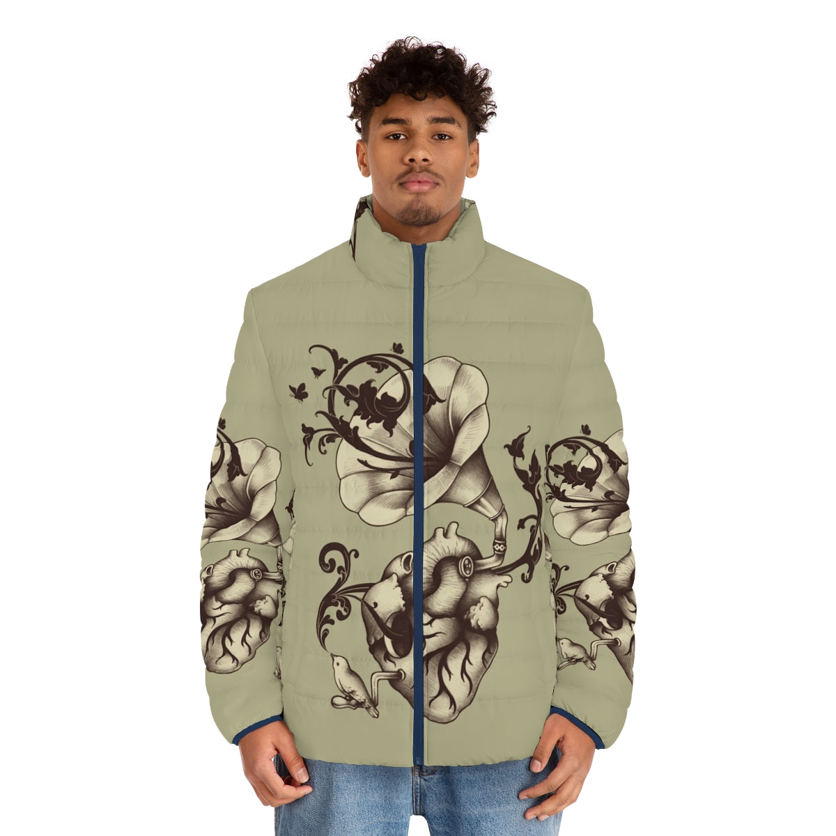 A puffer jacket featuring a surreal heart design with a gramophone, bird, and butterfly elements - men front