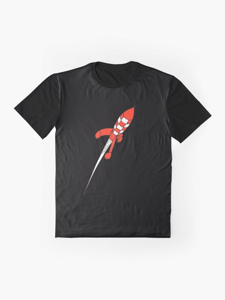 Graphic t-shirt featuring the iconic character Tintin and a rocket ship on the moon - Flat lay