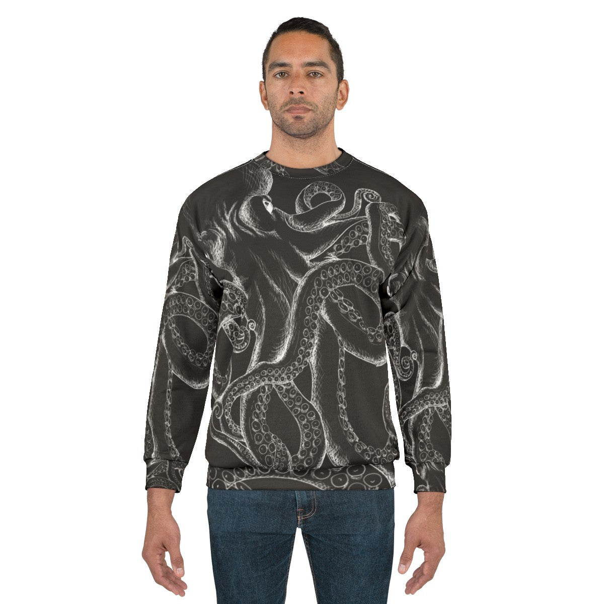 Octopus line art white on black sweatshirt - men