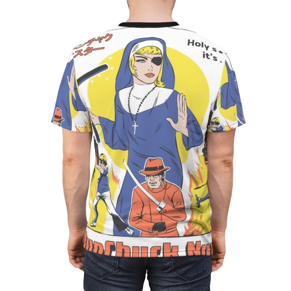 A stylish t-shirt featuring a nun wielding nunchucks in a retro, pop culture-inspired design. - men back