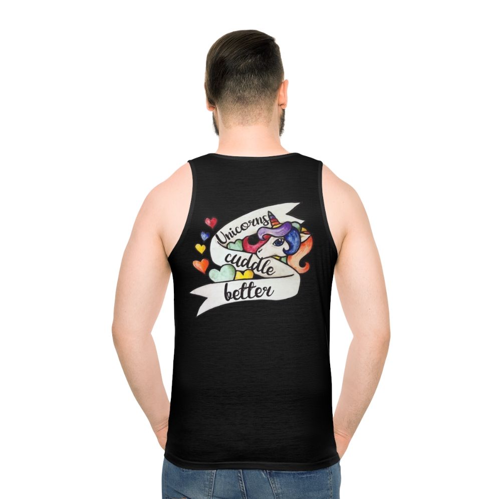 Unicorn lover unisex tank top with a playful mythical creature design - men back