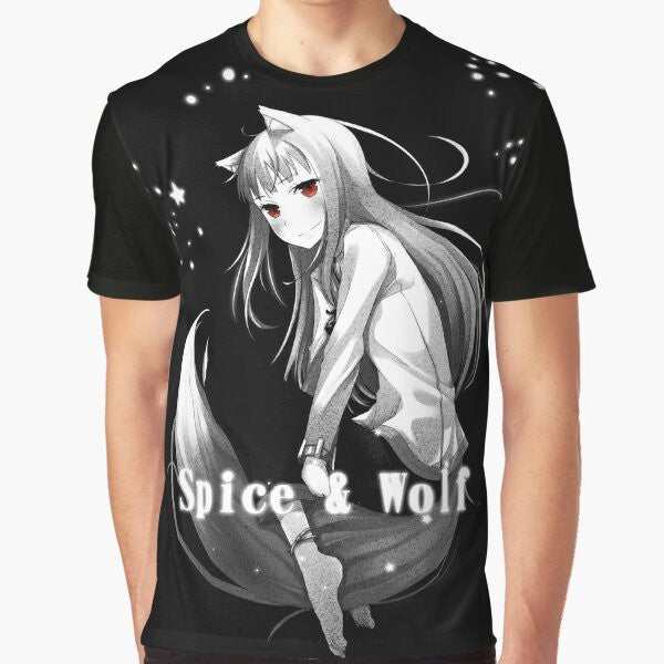 Spice and Wolf anime-inspired graphic t-shirt featuring a wolf design in a monochrome, fantasy style