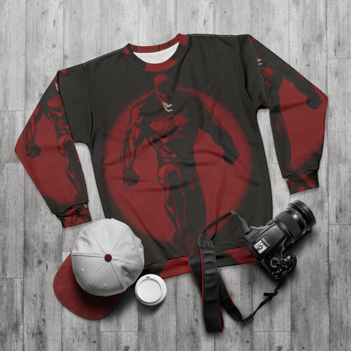 Devil Sweatshirt with Comic Superhero Design - flat lay