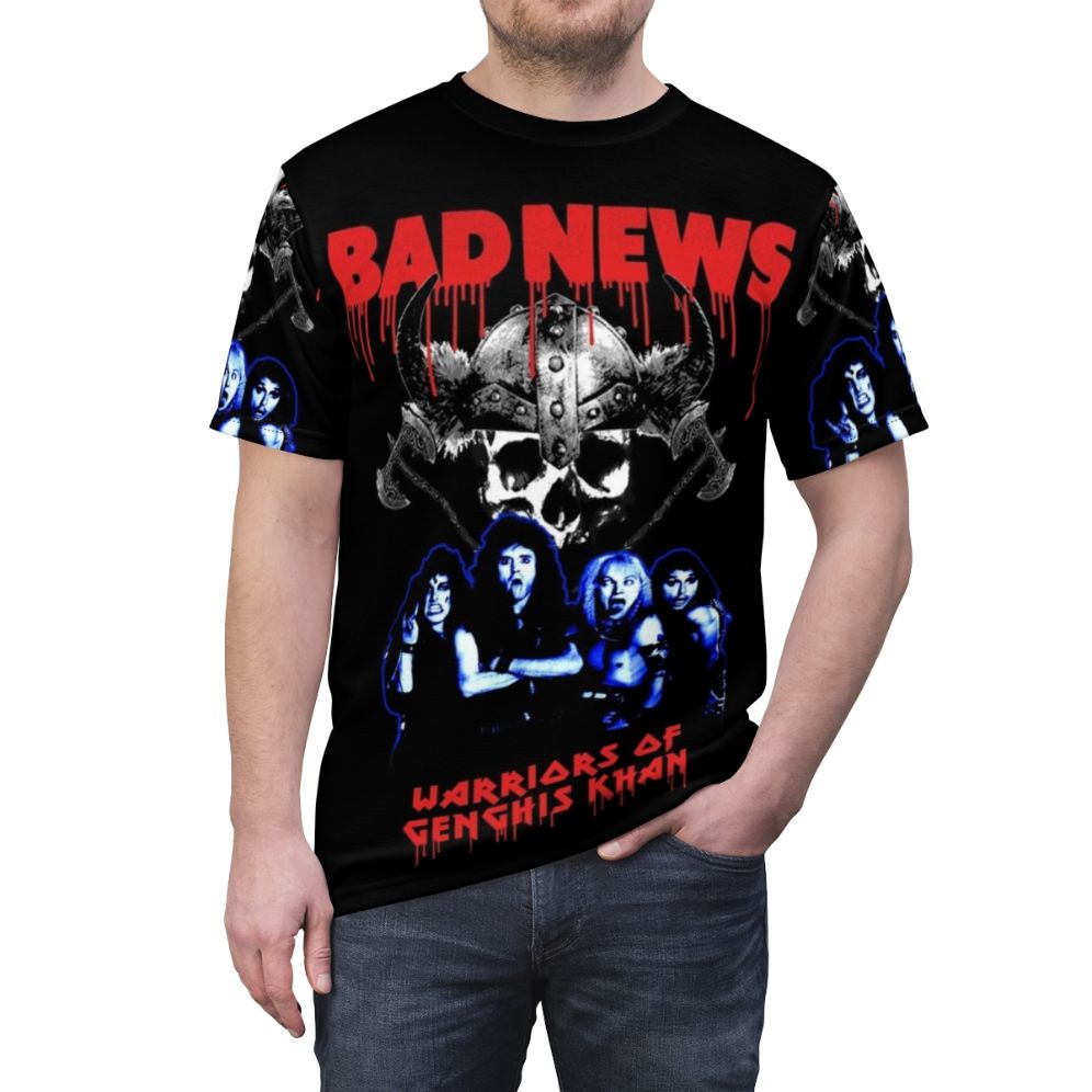 T-shirt featuring a parody design paying homage to the fictional heavy metal band "Bad News" from the British comedy series "The Young Ones" - men front